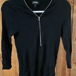 Women's Size L Express Ribbed Black Stretch 1/2 Zip Sweater 3/4 Sleeves